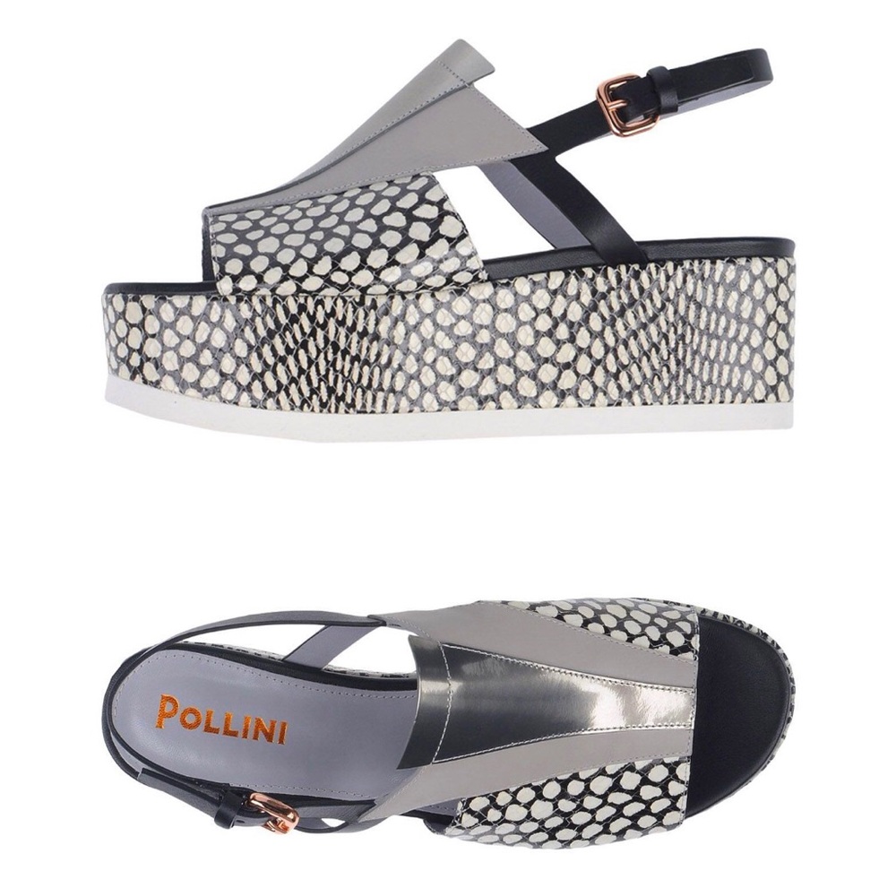POLLINI Black/White Leather Ankle Strap Sandals Wedges Shoes Size 7.5 Platform